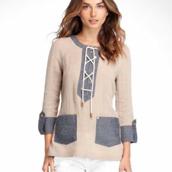 Tory Burch Jonisse tan/blue linen blend tunic top with pockets - Picture 4 of 11